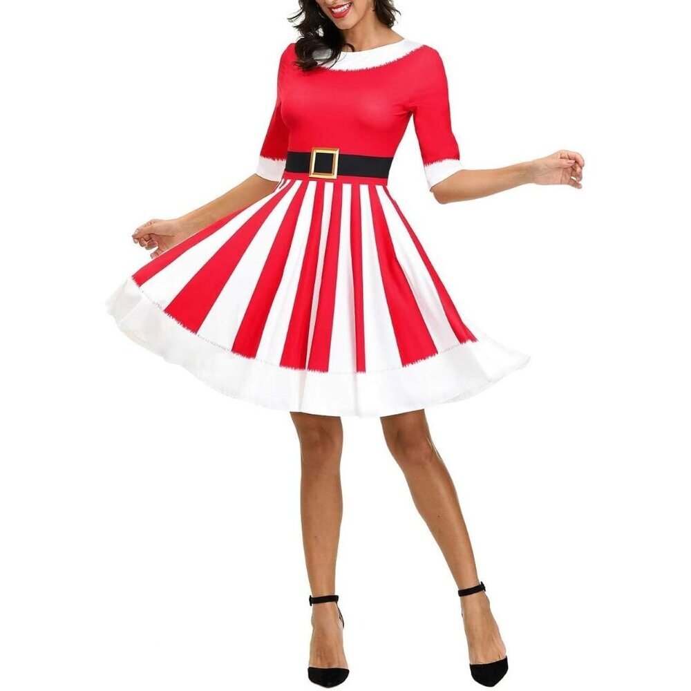 Women Ugly Christmas Santa Dress Red Green Holiday Print Dress For Xmas